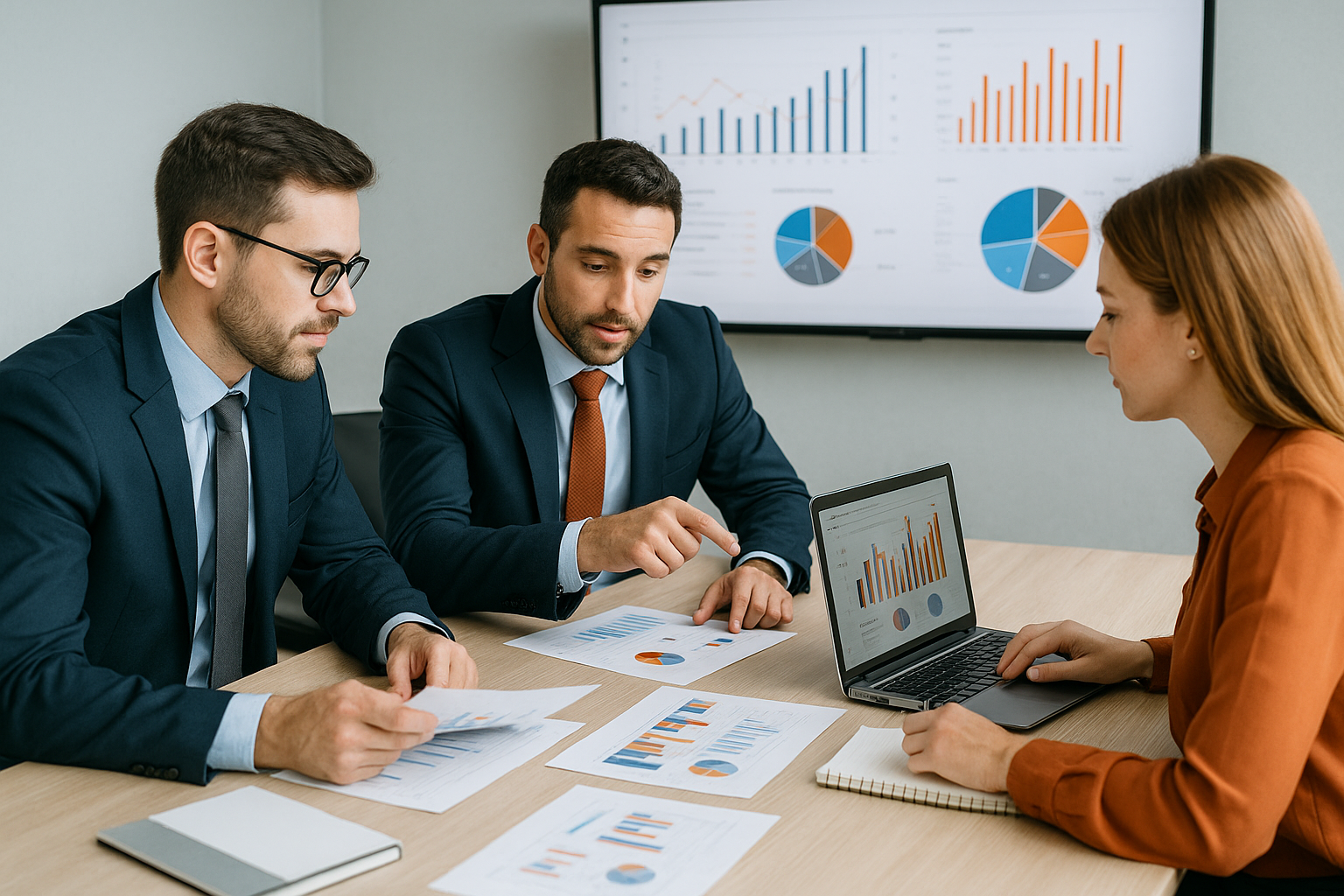 Equipo de auditores en una sala de reuniones moderna revisando informes y gráficos en computadora y documentos impresos en puerto rico con alliance consulting