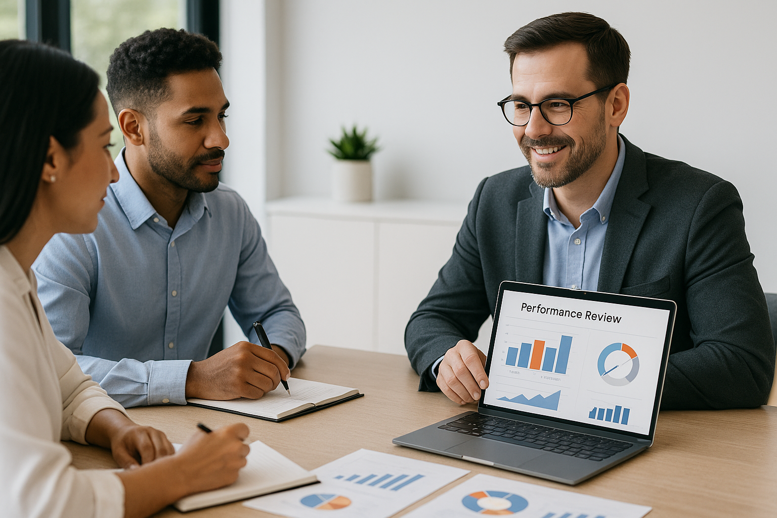 Gerente presentando gráficos de desempeño en una laptop mientras dos empleados escuchan y toman notas durante una evaluación de desempeño en una oficina moderna.