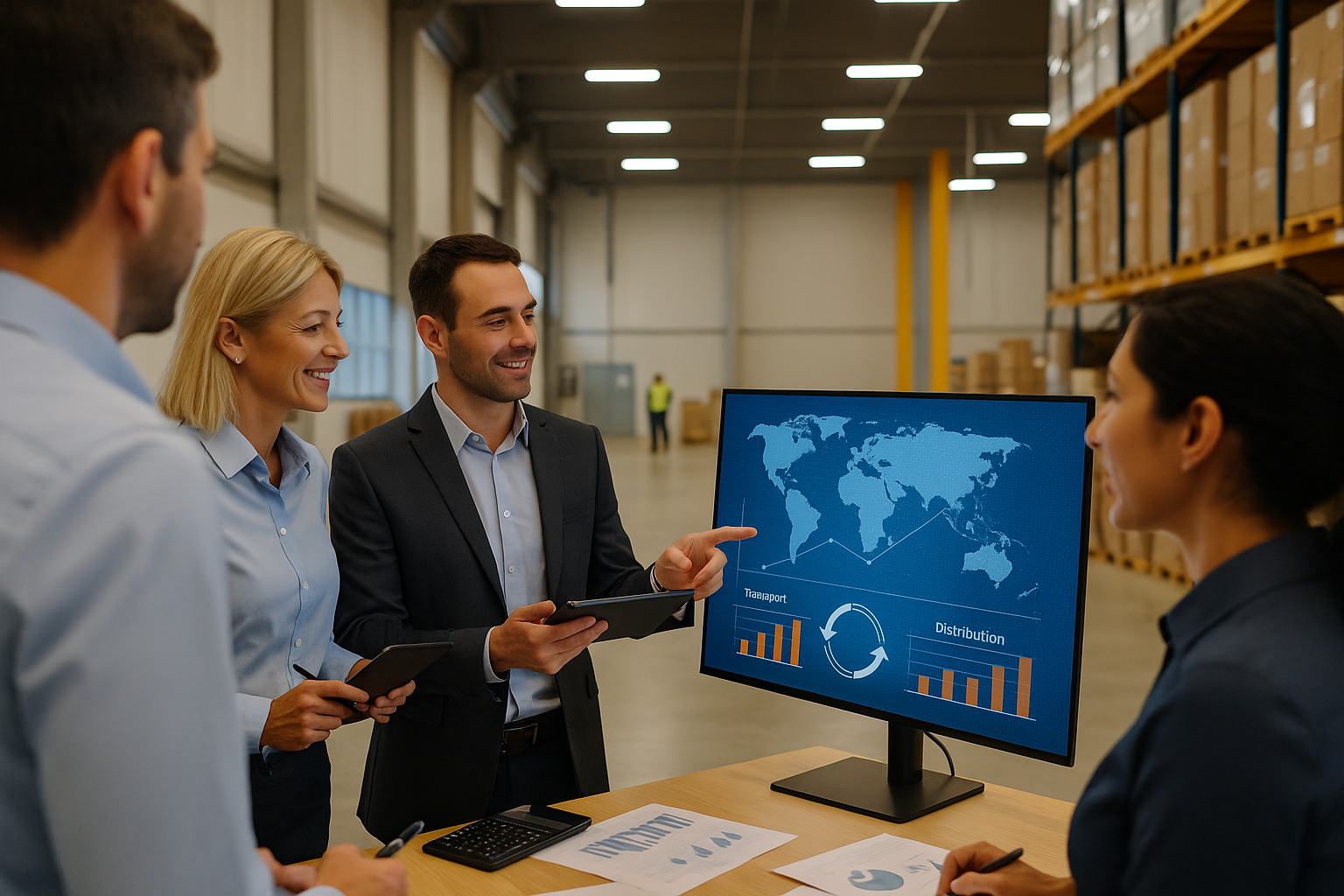 Grupo de profesionales supervisando operaciones logísticas en un almacén moderno, frente a una pantalla con mapas globales y gráficos en almaces de Alliance Consulting