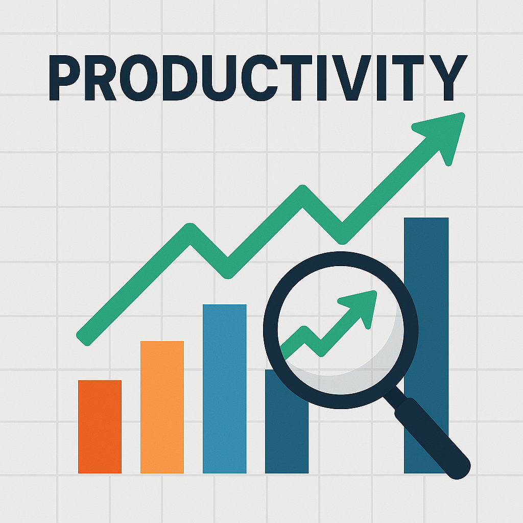 productividad-de-operaciones-en-almacenes-puertorico-puerto-rico Ilustración digital de gráficos ascendentes y barras de colores que simbolizan productividad y crecimiento.