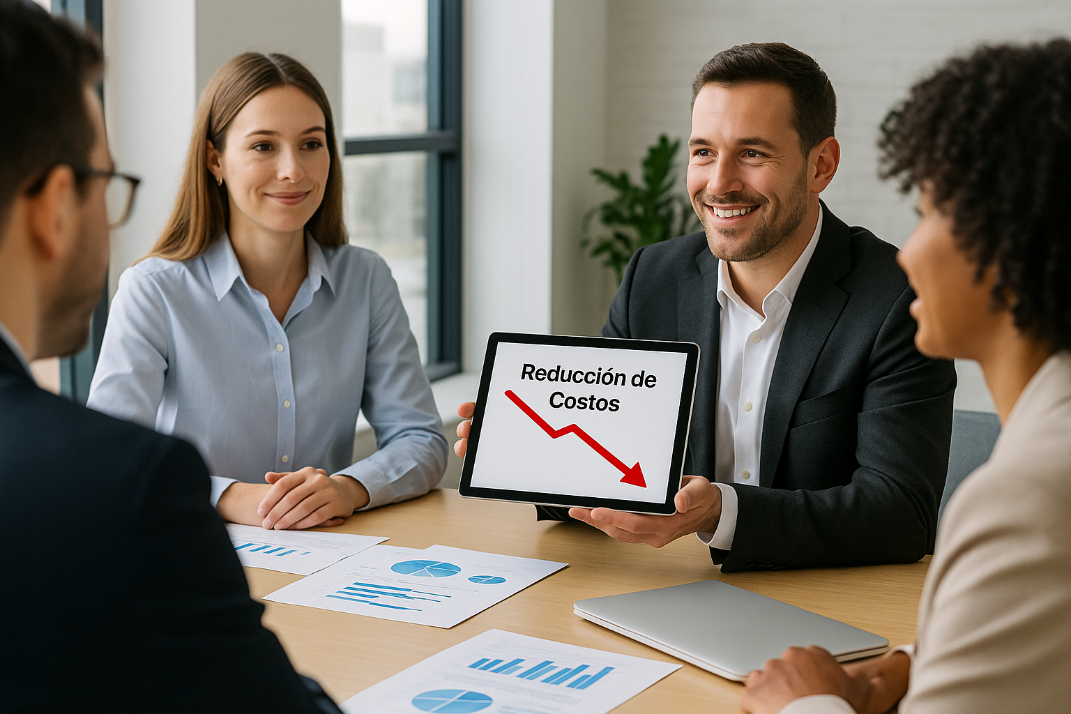 Equipo de profesionales en una reunión moderna donde un consultor presenta en una tablet un gráfico descendente que simboliza la reducción de costos