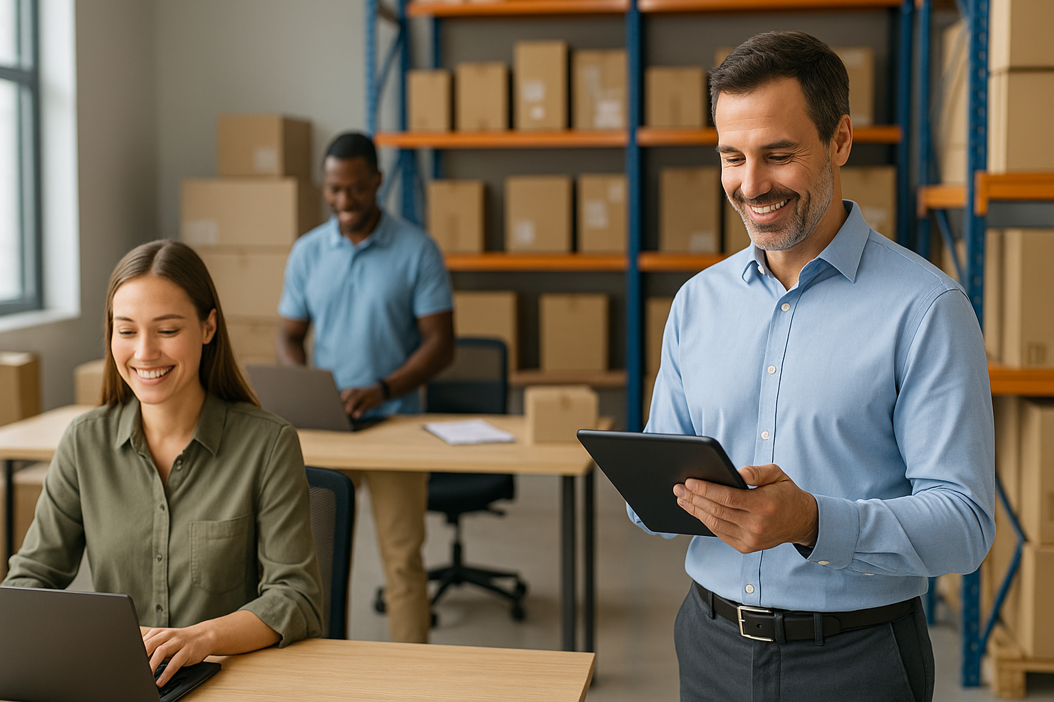 Equipo de trabajo en un almacén moderno, sonriente y organizado, simbolizando reducción de horas extras y mayor eficiencia con Alliance Consulting